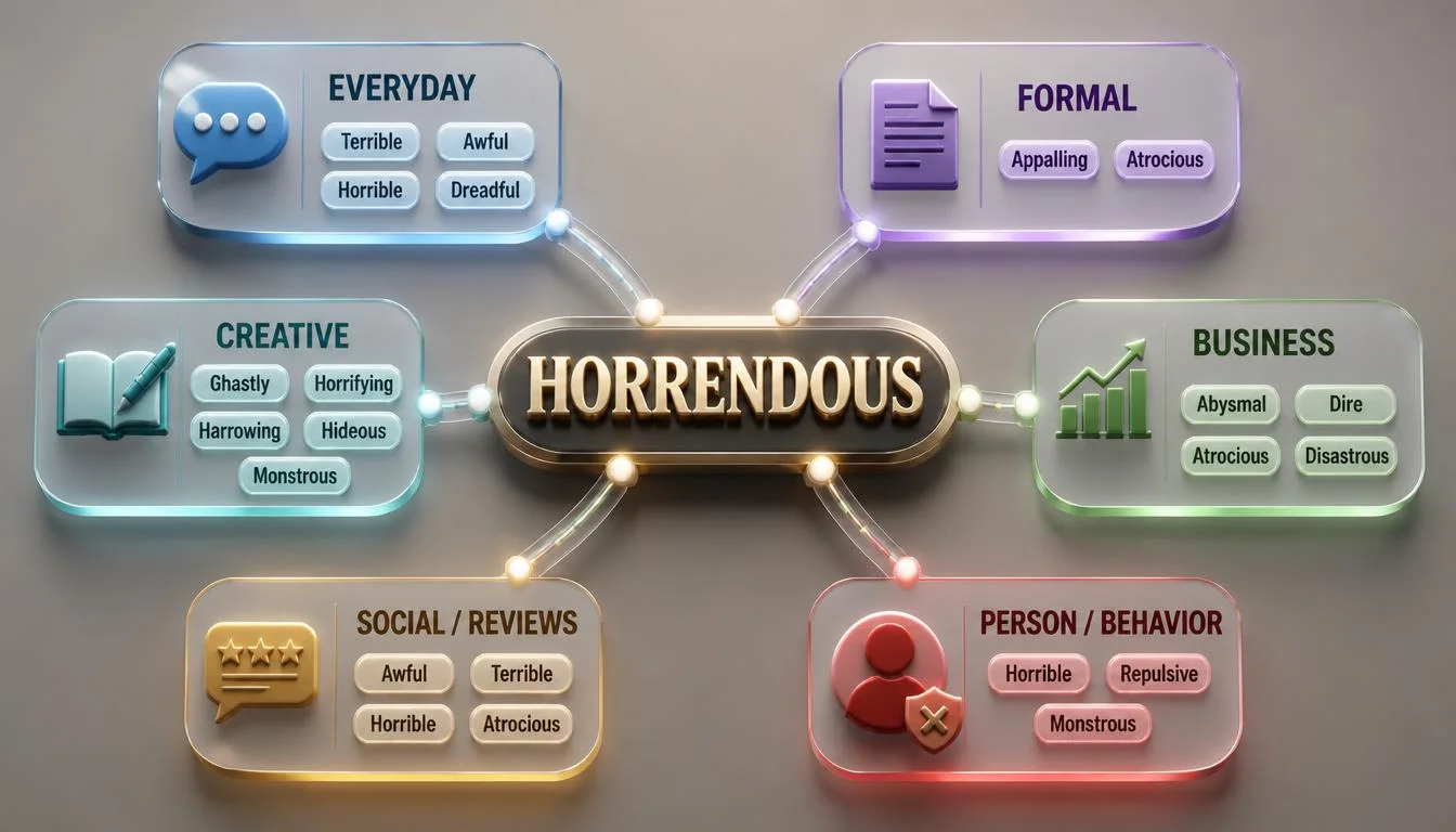 3D decision-guide infographic showing the best horrendous alternatives for everyday, formal, business, creative, social, and behavior contexts.