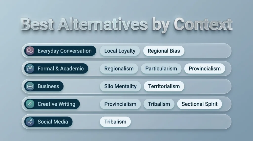 3D heading "Best Alternatives by Context" above an infographic matching sectionalism synonyms to everyday, formal, business, creative, and social media use