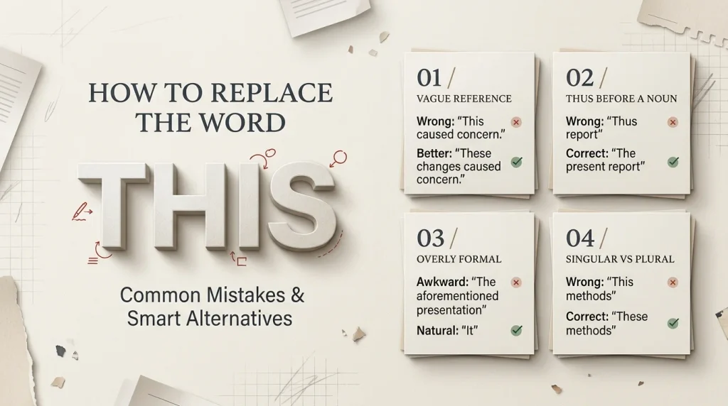 Common mistakes when replacing this, showing vague references, incorrect use of thus, overly formal wording, and this versus these.