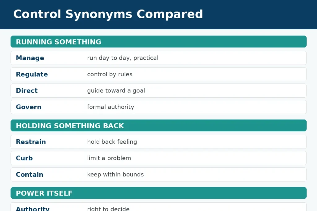 Control synonyms in detail, manage, regulate, direct, govern, oversee, and command compared by meaning