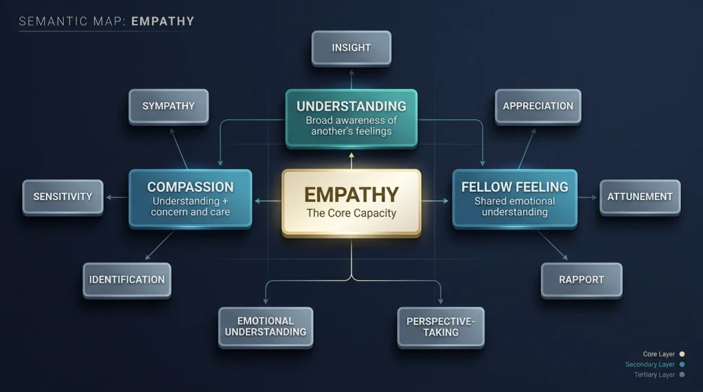 3D infographic showing empathy surrounded by understanding, compassion, sympathy, sensitivity, fellow feeling, perspective-taking and other related synonyms with their meaning differences.