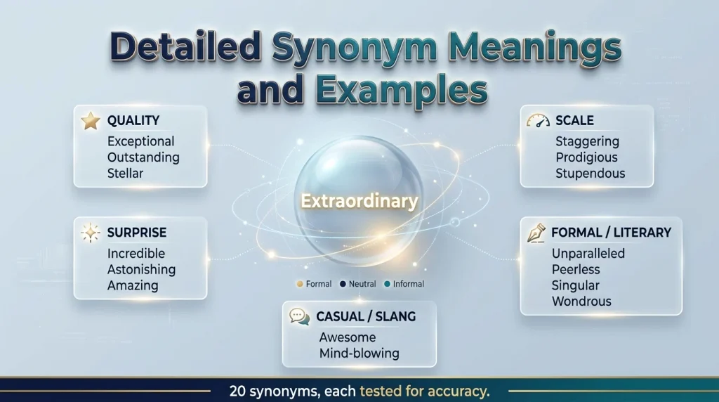 Infographic of extraordinary synonyms grouped by quality, surprise, scale, formal, and casual use, from exceptional to awesome
