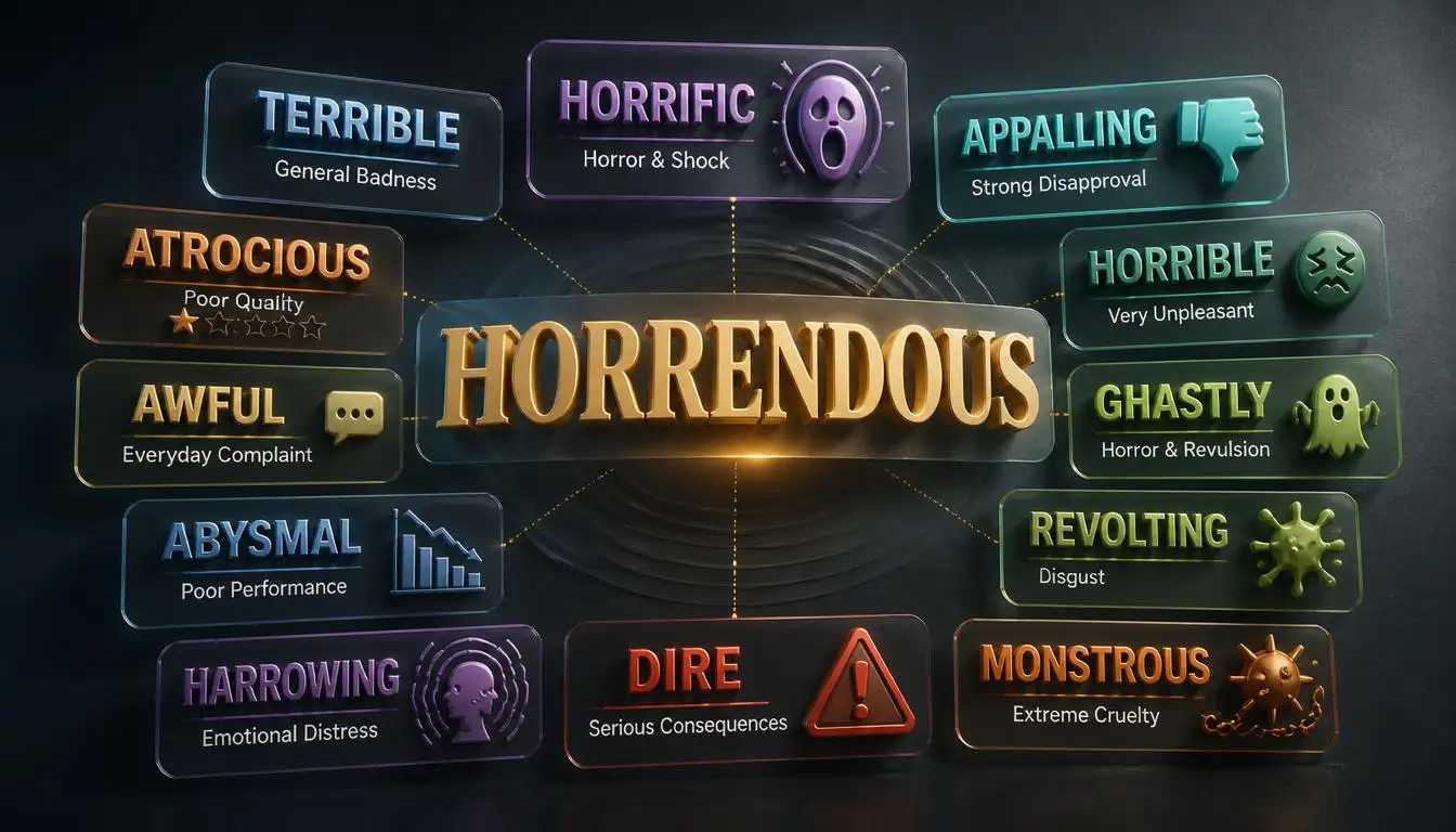 3D infographic showing horrendous synonyms including terrible, horrific, appalling, atrocious, abysmal, revolting, harrowing, and dire with their meaning differences.