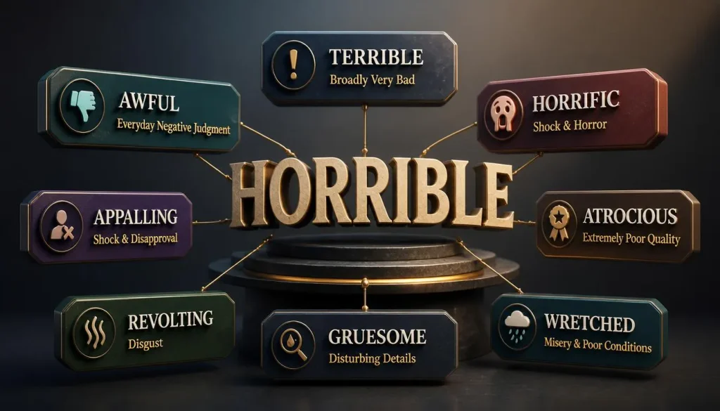 Floating 3D heading “Synonyms for Horrible” above an infographic ranking synonyms from lousy to horrific