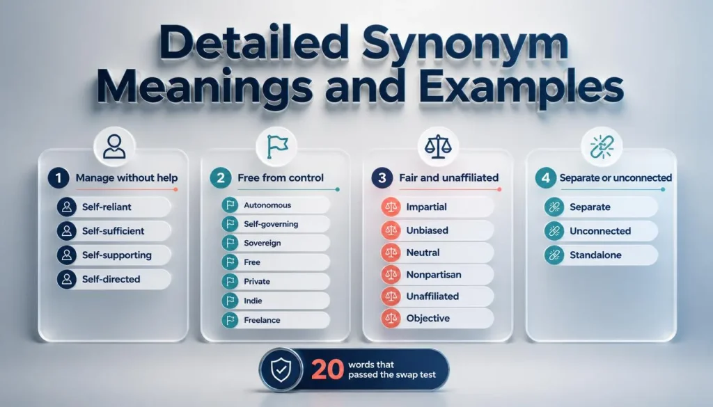 Infographic of 20 synonyms for independent grouped into four meanings, from self-reliant to standalone