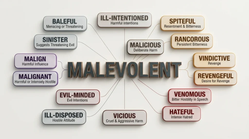 3D infographic comparing malevolent synonyms including malicious, spiteful, vindictive, sinister, baleful, venomous, vicious, malign and other alternatives.