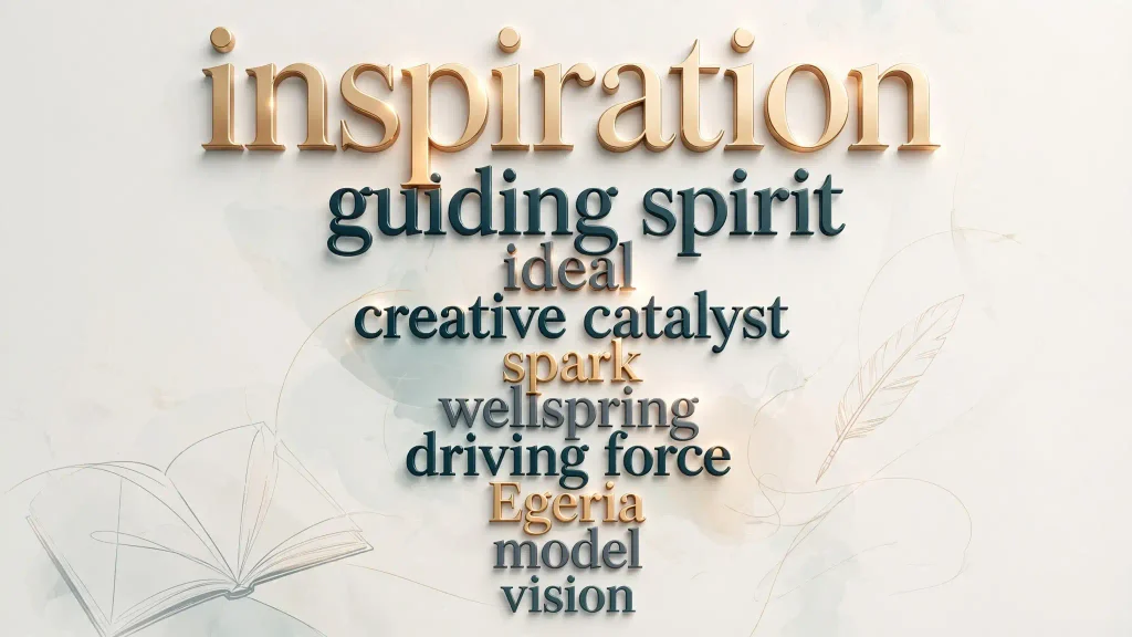 Infographic of the  synonyms for muse — inspiration, guiding spirit, ideal, creative catalyst, spark, wellspring, driving force, Egeria, model, and vision — rendered in 3D floating text