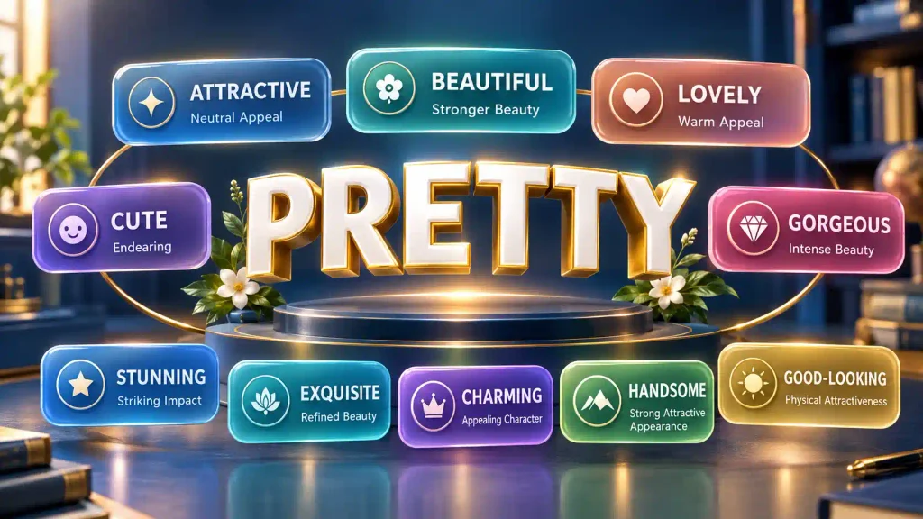 Pretty synonyms infographic showing attractive, beautiful, lovely, cute, gorgeous, stunning, and other alternatives.