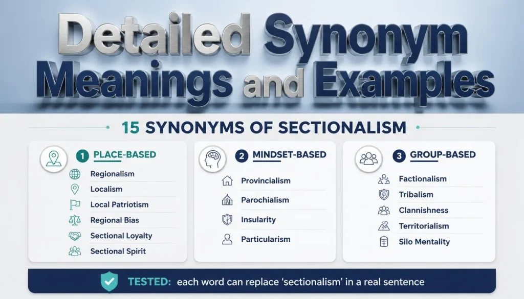 3D heading "Detailed Synonym Meanings and Examples" above an infographic grouping 15 synonyms of sectionalism into place-based, mindset-based, and group-based words