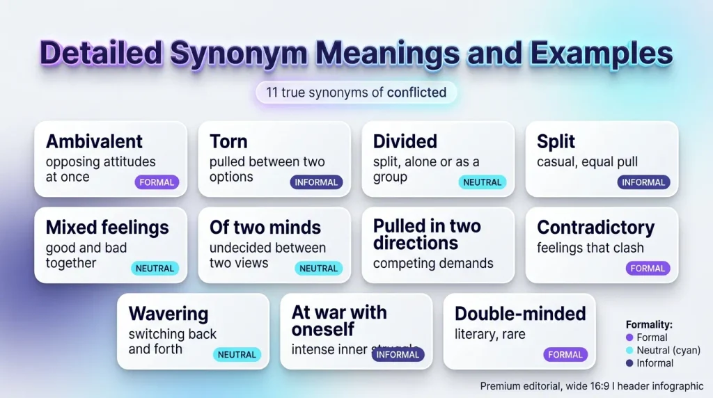 Infographic of 11 synonyms for conflicted with meanings, from ambivalent and torn to divided and at war with oneself