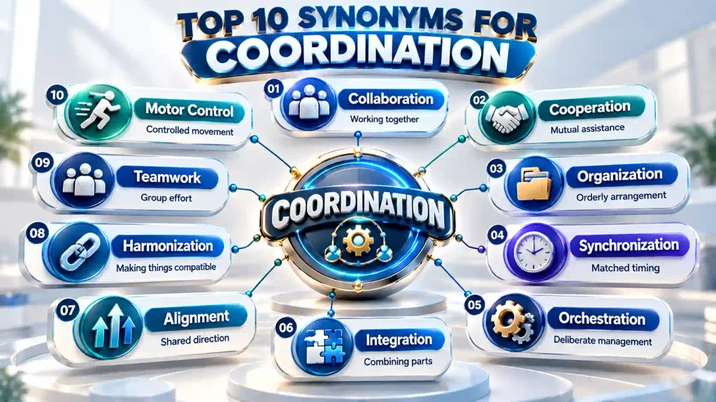 Infographic showing 10 synonyms for coordination with collaboration, cooperation, synchronization, integration, alignment, teamwork, and their meaning differences.
