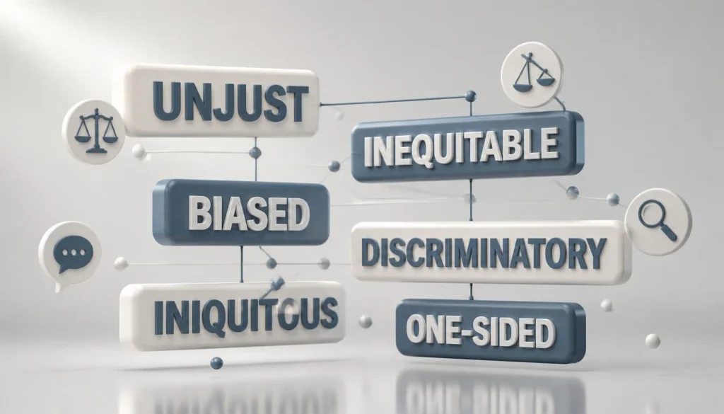 A 3D infographic illustration of floating word blocks showing the unfair synonyms unjust, inequitable, biased, discriminatory, iniquitous, and one-sided, connected by thin lines and small justice-themed icons on a light gray background.