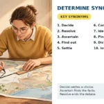 Determine synonyms featured image: a person drawing a firm boundary line on a map, with the key synonyms decide, ascertain, pinpoint, and dictate