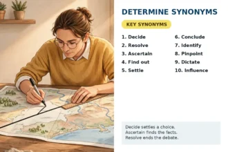 Determine synonyms featured image: a person drawing a firm boundary line on a map, with the key synonyms decide, ascertain, pinpoint, and dictate