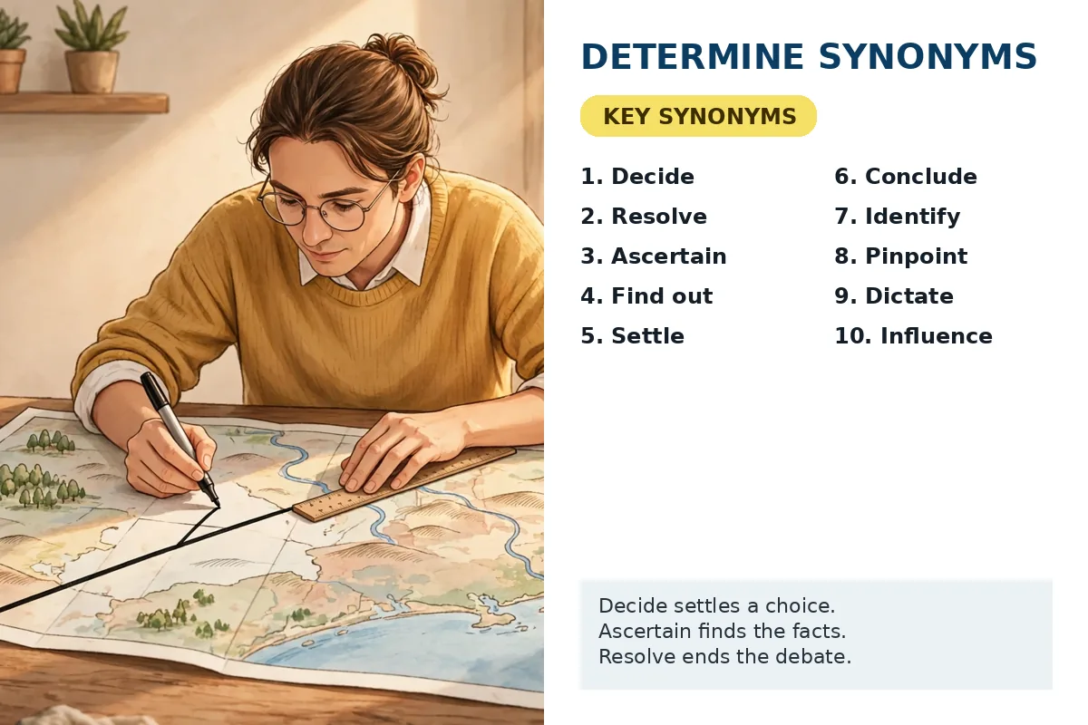 Determine synonyms featured image: a person drawing a firm boundary line on a map, with the key synonyms decide, ascertain, pinpoint, and dictate