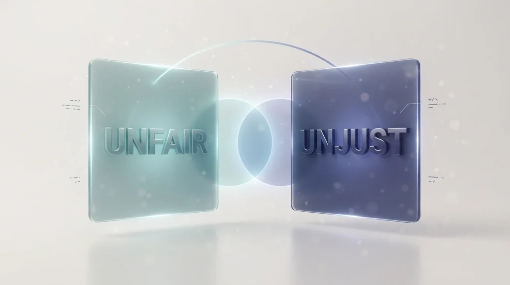 A 3D infographic showing two floating glass panels labeled UNFAIR and UNJUST with an overlapping luminous core between them, illustrating how near synonyms differ in connotation and register.
