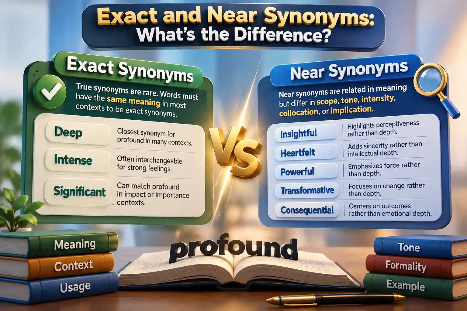 3D infographic comparing exact and near synonyms for profound, showing deep, intense, significant, insightful, heartfelt, powerful, transformative, and consequential.