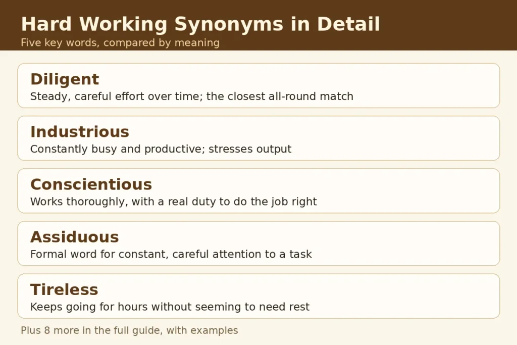 Hard working synonyms in detail, diligent, industrious, conscientious, assiduous and tireless compared by meaning