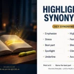 Highlights synonyms featured image: an open book with one glowing highlighted line, with the key synonyms emphasize, best part, spotlight, and high point