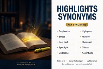 Highlights synonyms featured image: an open book with one glowing highlighted line, with the key synonyms emphasize, best part, spotlight, and high point