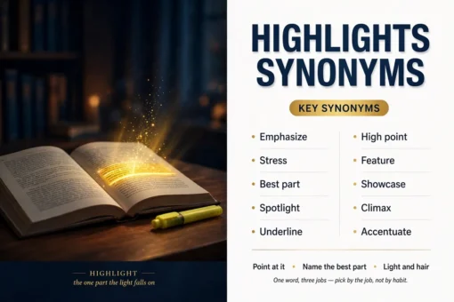 Highlights synonyms featured image: an open book with one glowing highlighted line, with the key synonyms emphasize, best part, spotlight, and high point