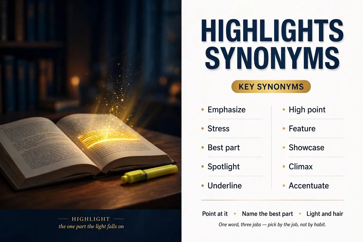 Highlights synonyms featured image: an open book with one glowing highlighted line, with the key synonyms emphasize, best part, spotlight, and high point