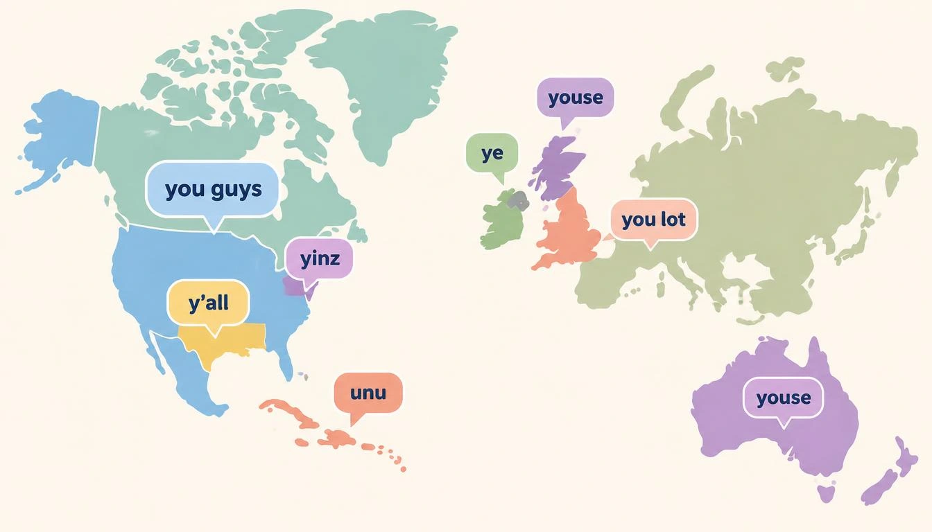  Map-style illustration of regional plural forms of "you": y'all, yinz, you guys, you lot, ye, youse and unu.