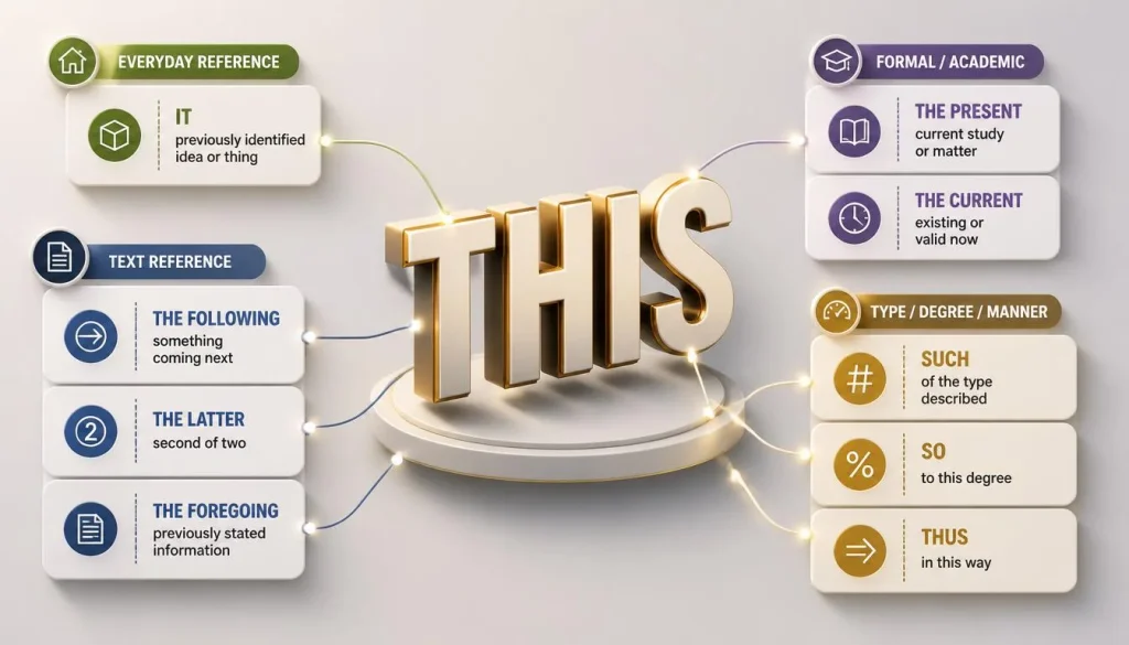 Synonyms for this infographic showing it, the present, the current, this one, such, so, thus, the latter, and other context-based alternatives.