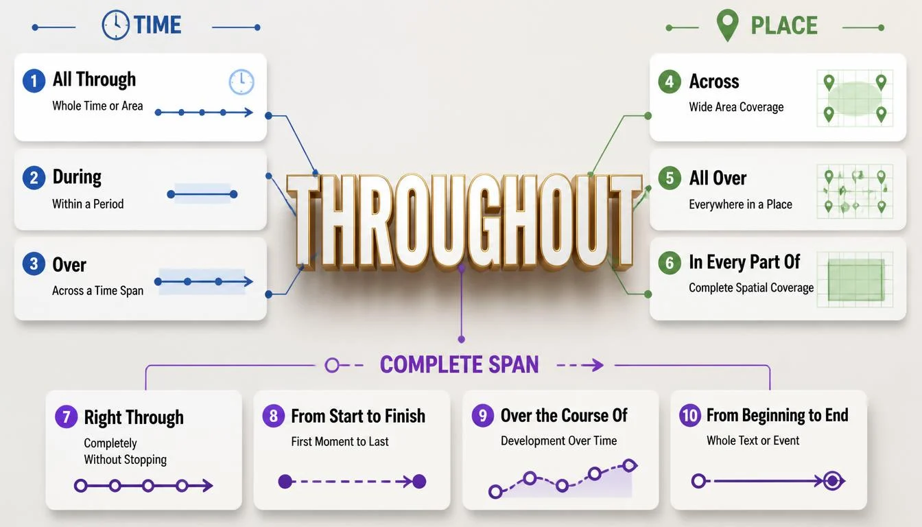 Throughout synonyms infographic with meanings including All Through, During, Over, Across, All Over, and other context-specific alternatives.