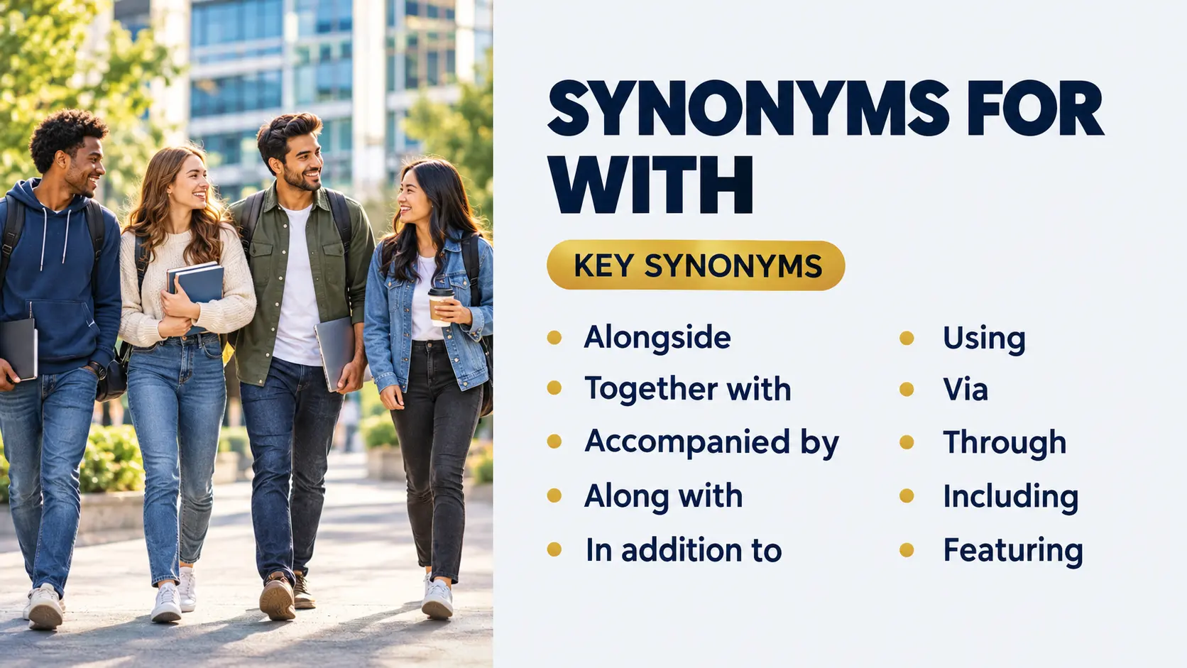 Synonyms for With Best Alternatives, Meanings & Examples
