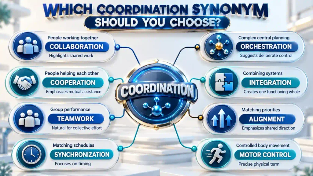 Decision infographic explaining which coordination synonym to choose for collaboration, cooperation, teamwork, synchronization, integration, alignment, and motor control.