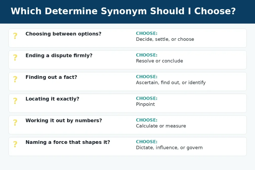 Which determine synonym to choose, decision guide for decide, ascertain, pinpoint, dictate, and influence
