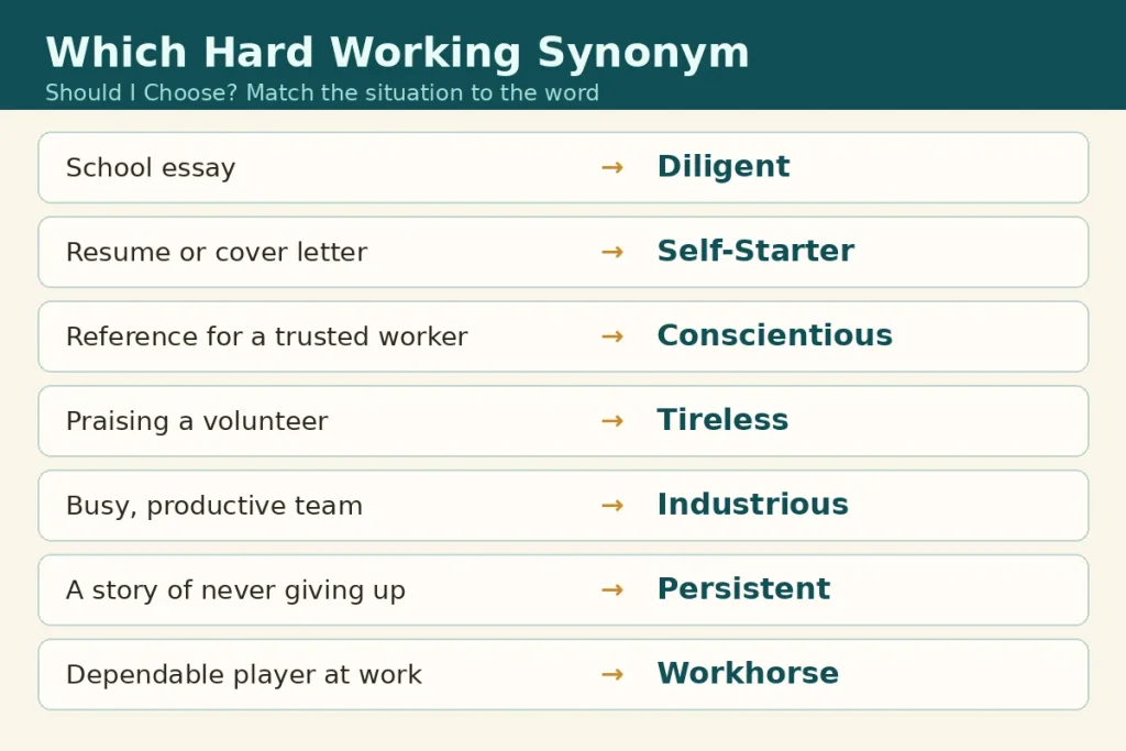 Which hard working synonym to choose for essays, resumes, work and everyday speech