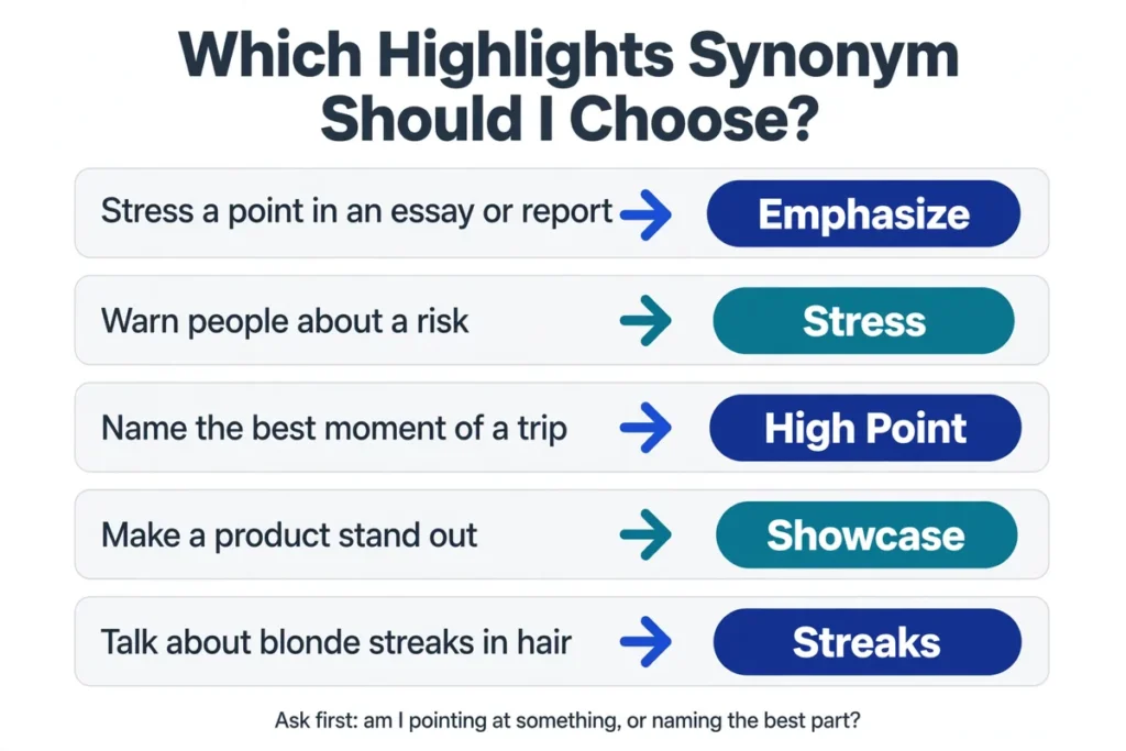 Which highlights synonym to choose, decision guide for emphasize, stress, spotlight, high point, and climax