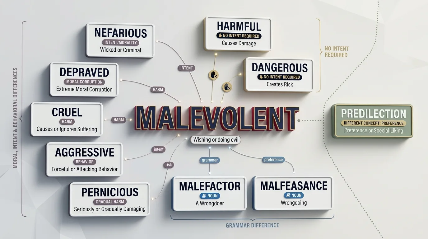 3D infographic showing words commonly confused with malevolent, including nefarious, depraved, cruel, harmful, dangerous, malefactor, malfeasance and predilection.
