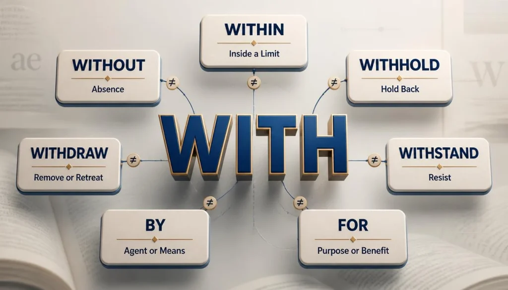 Words commonly confused with with infographic showing within, without, withhold, withdraw, withstand, by, and for with their meaning differences.